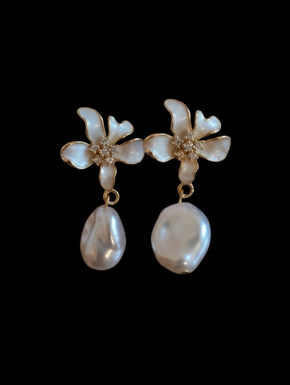 White Enamel Flower And Faux Pearl Dangle Earrings Gold Plated & Crystal Accents